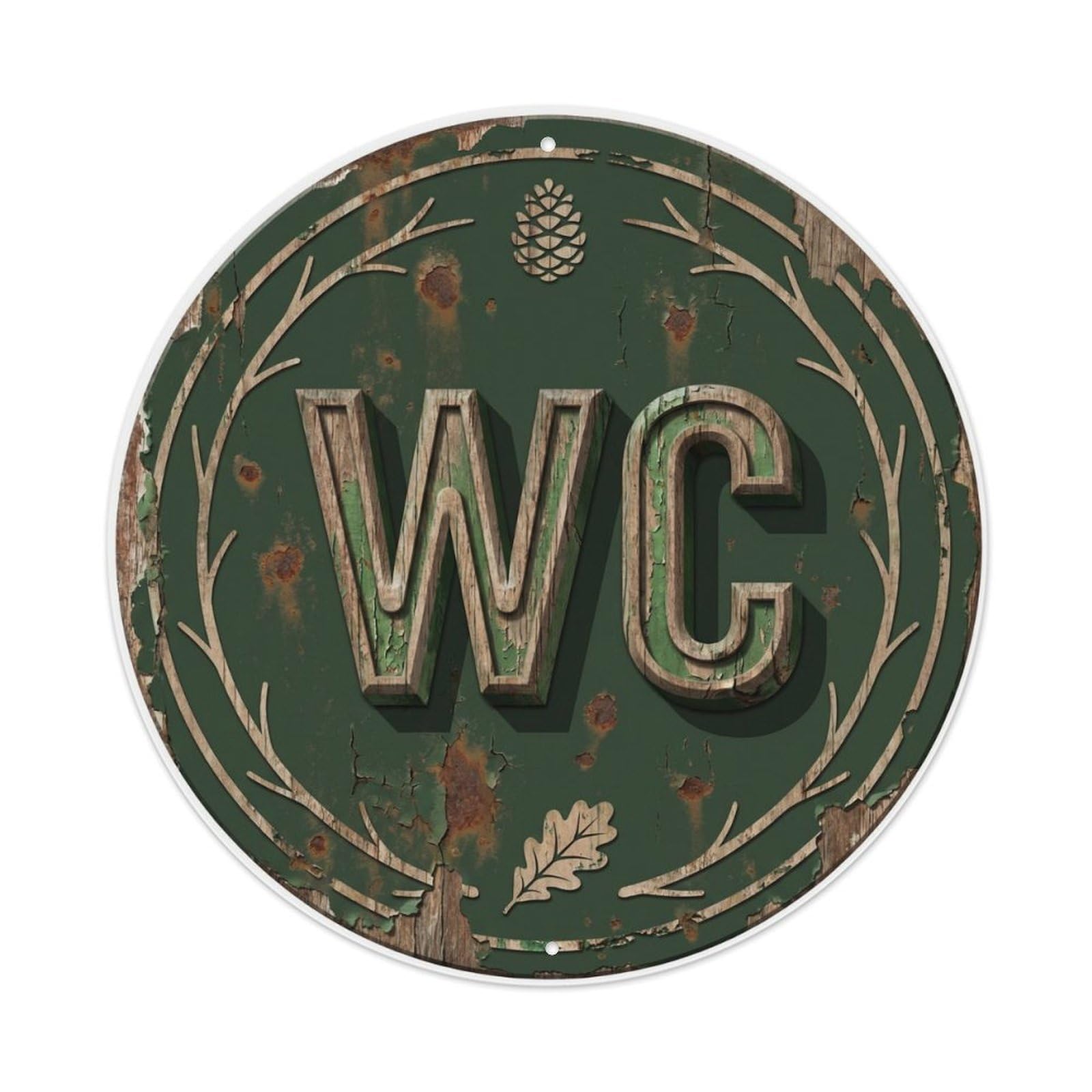 Toilet （WC） Forest Green Rustic Restroom Plate Metal Tin Sign Plaque Wall Decor for Cafe, Club Bar, Office, Home Garden Round Metal Poster 8x8Inch