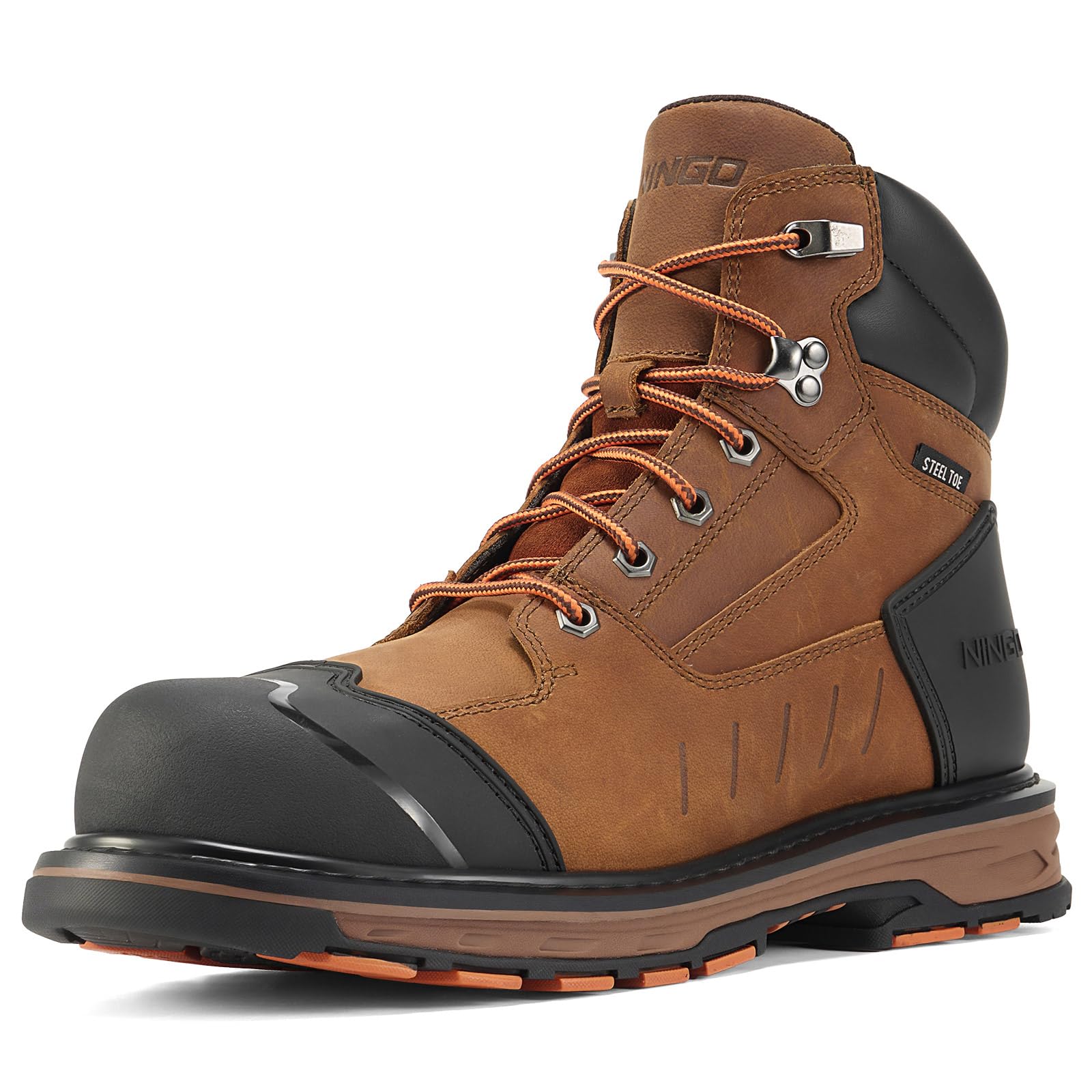 NINGO Steel Toe Work Boots for Men, Full-Grain Leather Non Slip Heavy Duty Construction Boots, Water and Oil Resistant, Puncture Proof Mens Safety