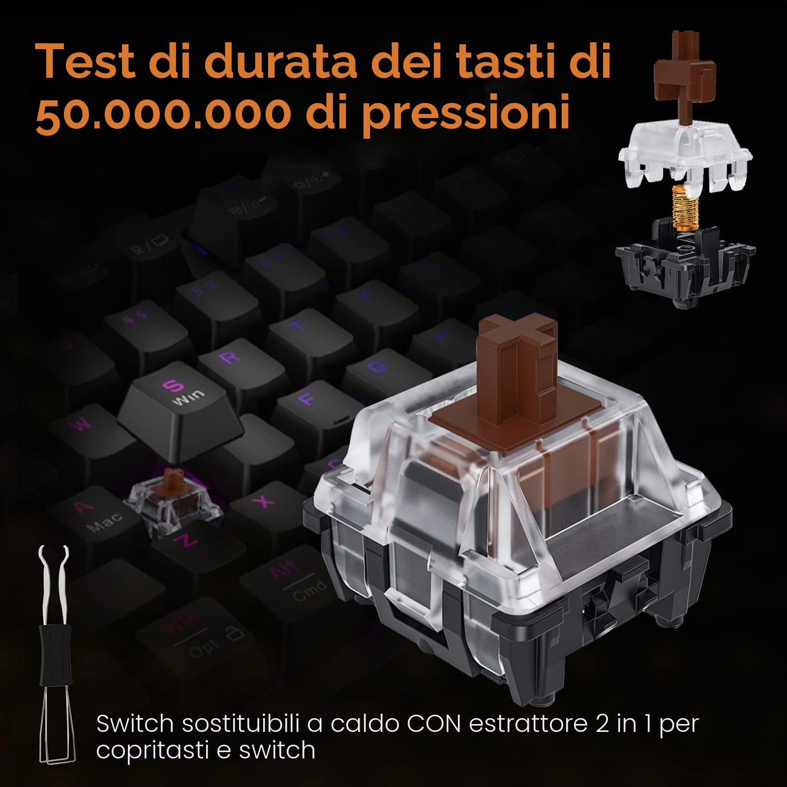 KOORUI Tastiere da gioco, 26 RGB Retroilluminato Tastiera Meccanica Cablato 104 Tasti Full Size UK Layout con Interruttore Marrone Gamer Tastiere per Windows MacOS Linux