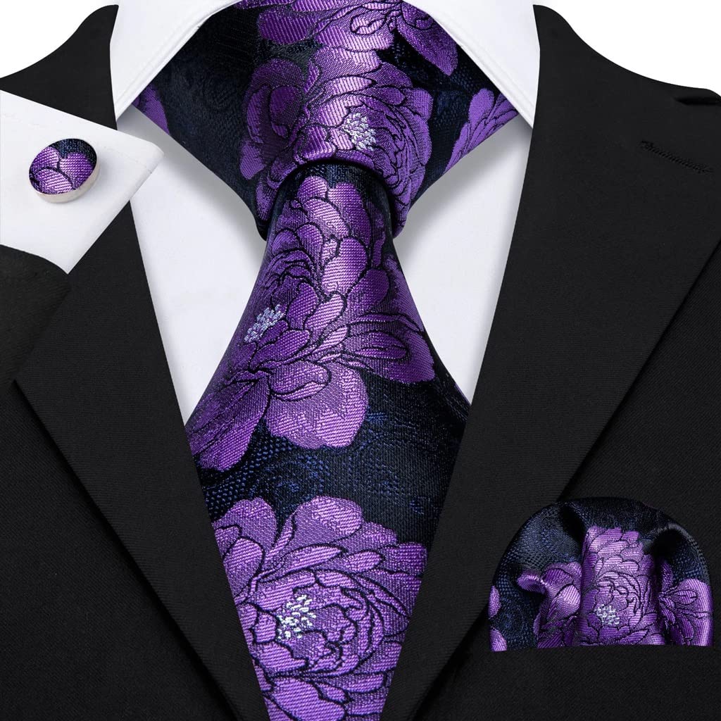 Corbata Conjunto de Corbata Negra Pañuelo Gemelos Corbata Corbata Regalo de Boda Fiesta de Negocios Corbata de Seda Floral para Hombres Púrpura