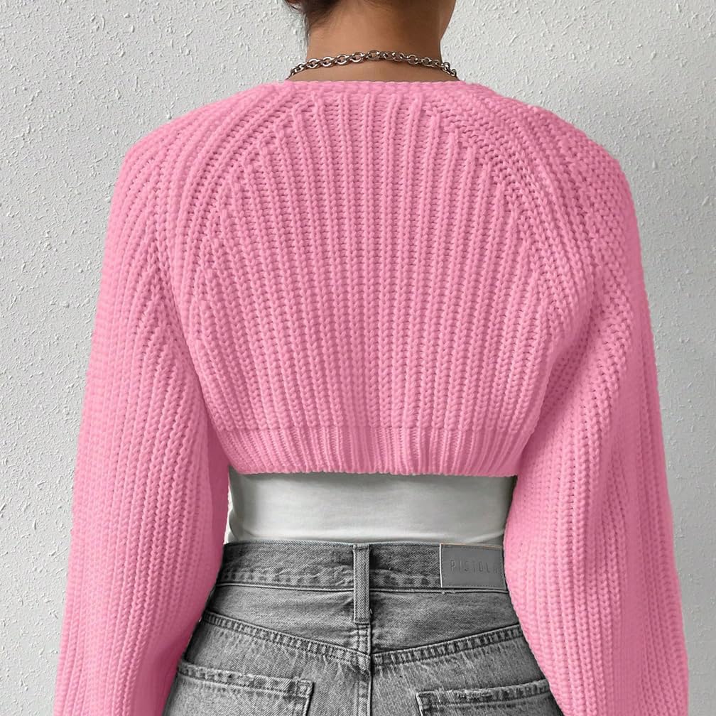 Women Open Front Ribbed Knit Crop Bolero Drop Shoulder Long Sleeve Solid Loose Fit Knitted Crop Cardigan Shrug - Image 6