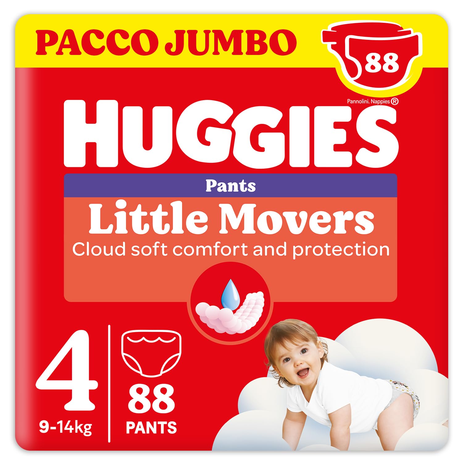 Huggies Little Movers Pannolini Mutandina Taglia 4 (9-14 Kg), Ultra assorbente, Protezione completa, Pacco Jumbo, 88 Pz