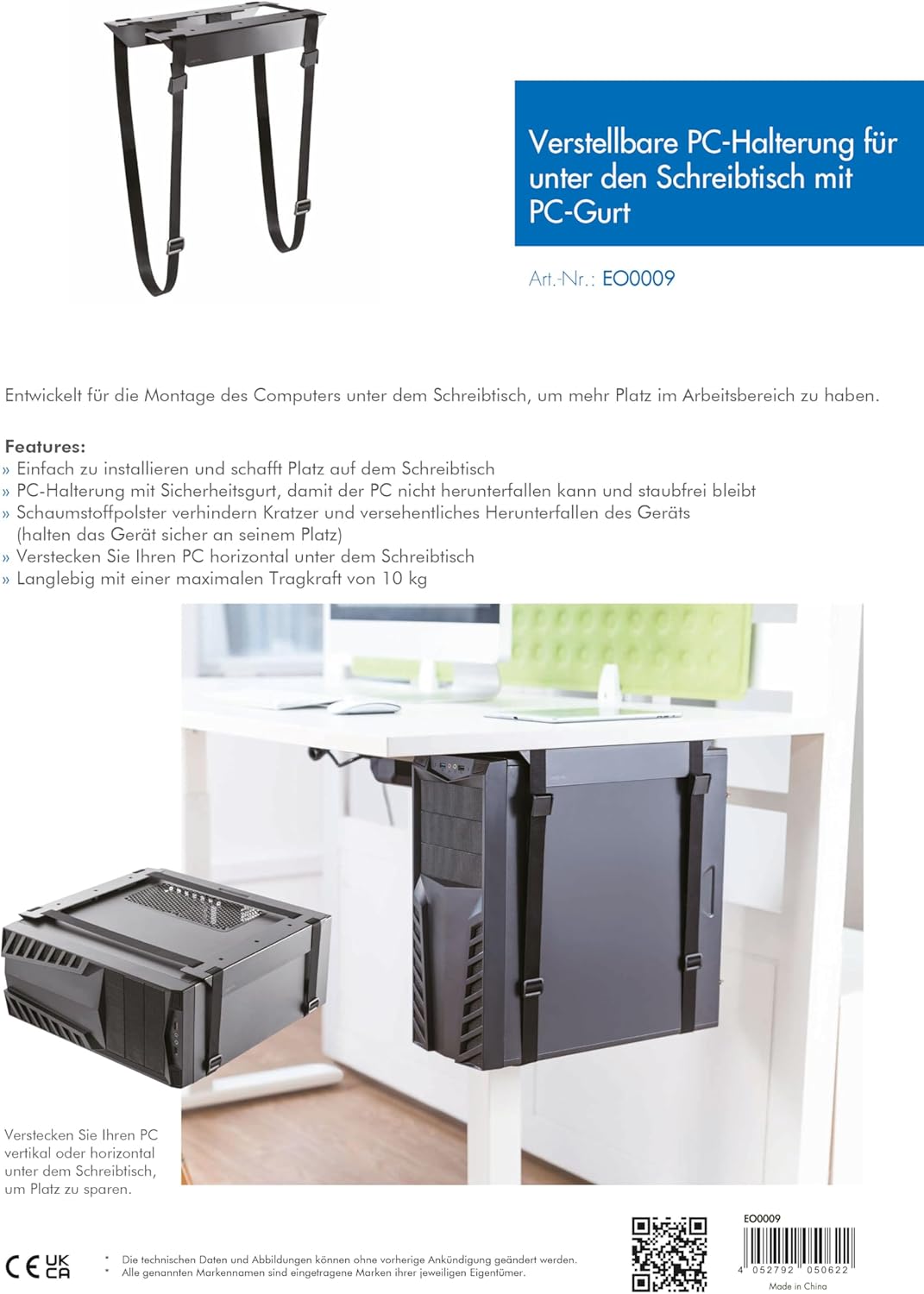 Diagram showing dimensions and features of the LogiLink EO0009 PC mount