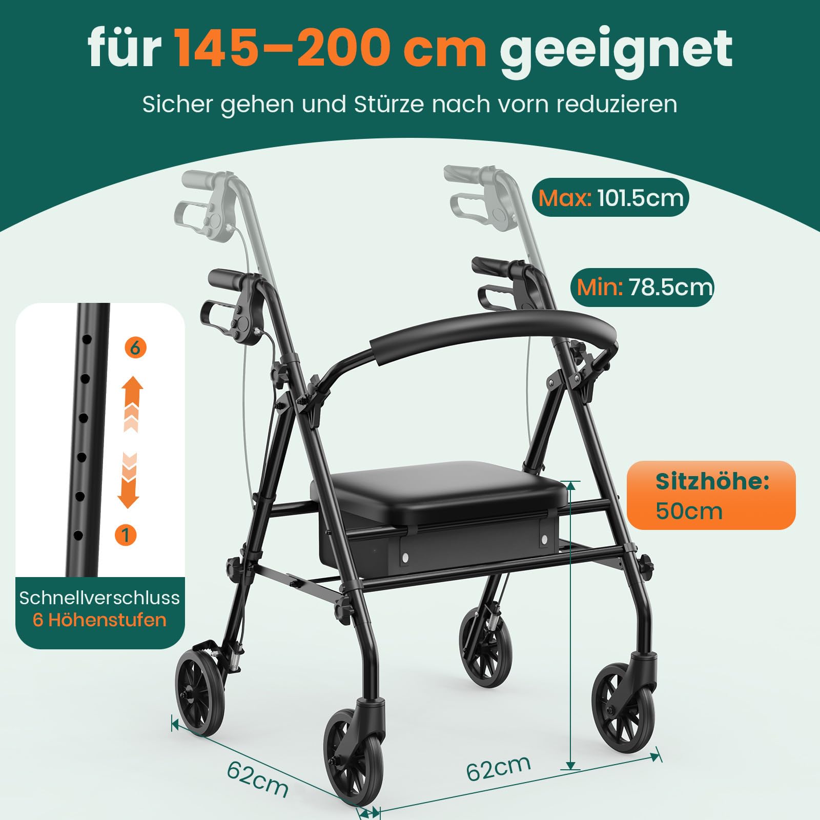 Rollator mit Sitz und Stauraum – leichter, faltbarer 4‑Rad Gehwagen mit Rahmen für Senioren und mobilitätseingeschränkte Personen, für Innen‑ & Außenbereich, Schwarz
