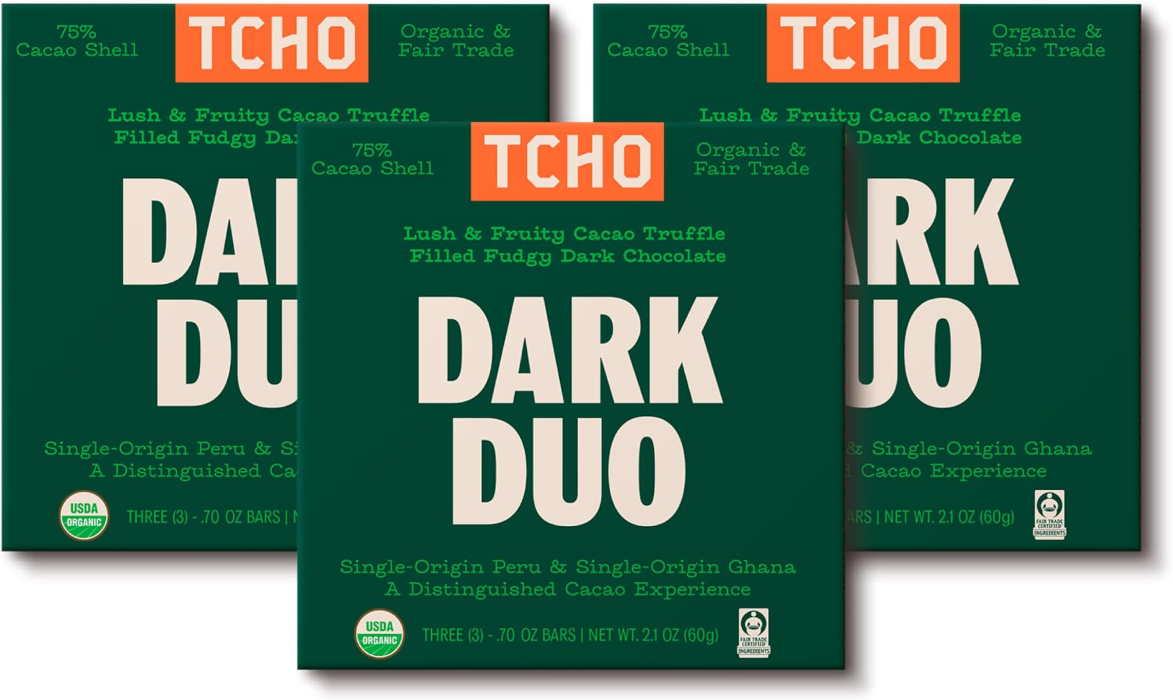 TCHO Dark Duo Dark Chocolate Bars (3 pack) | Plant Based, Organic & Fair Trade | Non GMO, Non-Dairy, Vegan, Soy Free (2.1oz each)