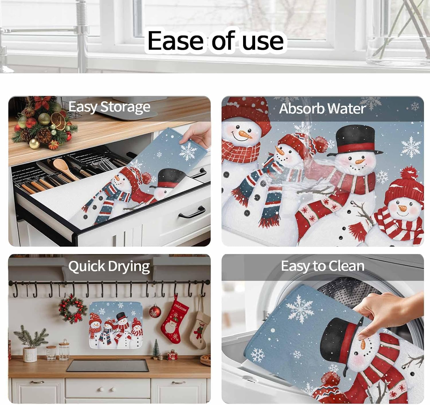 Christmas Red Snowman Snowflakes Dish Drying Mats for Kitchen Counter,Absorbent Microfiber Dish Drainer Rack Mat Blue Gradient Winter Snow Drying Pad for Sinks,Utensils,Countertops,18x24in