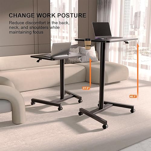 Miniatura 6 de Escritorio móvil de pie de 28 pulgadas, estaciones de trabajo para computadora con soporte para tazas, escritorio de pie portátil con ruedas