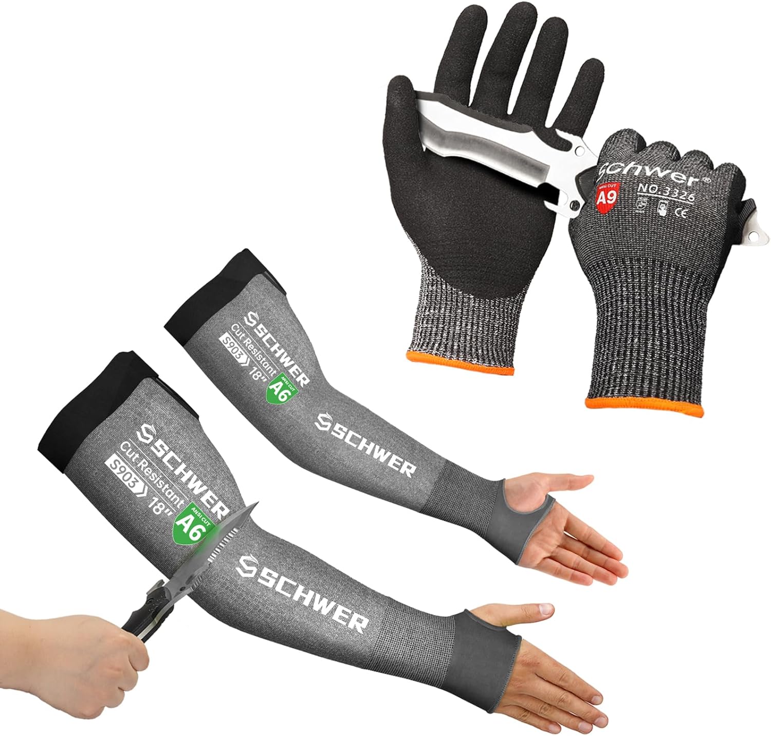 Schwer 1 Pair Size XL Highest Level Cut Resistant Work Gloves+ 1 Pair ANSI A6 Cut Resistant Arm Sleeves for Men&Women Work