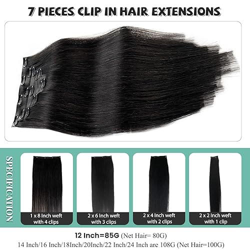 Miniatura 5 de Extensiones de cabello humano con clip, sin costuras, extensiones de cabello humano real color negro natural, 7 unidades, 3.53 oz, 18 pulgadas,