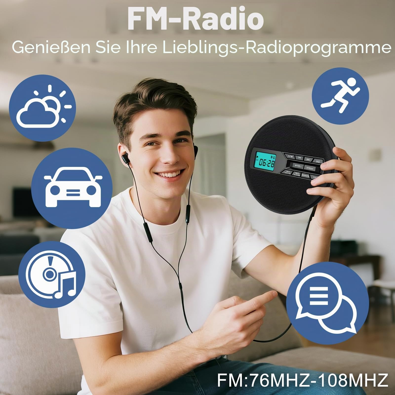 Tragbarer CD-Player mit Dual-Lautsprechern | Antischock, USB/AUX, LCD-Display | 5 EQ-Modi, A-B Repeat, 10 Geschwindigkeiten | Mobiler Musikplayer in Schwarz