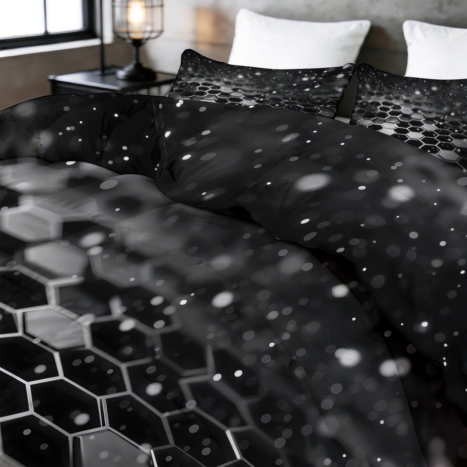 Piumino 4 Stagioni 150x200 cm Forme geometriche nere esagoni Trapunta Copriletto Imbottito Leggero in Microfibra Soffice, Trapuntino Stampa Reversibile Estate e Inverno
