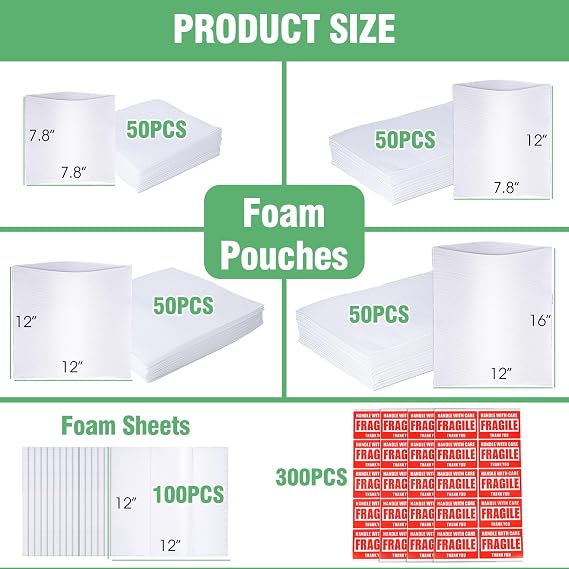 600Pcs Dish Packing Supplies for Moving, 300 Cushion Foam Wrap Pouches & Sheets 4 Sizes (16x12, 12x12, 12x7.8, 7.8x7.8) with 300 Fragile Stickers Plate Packing Sleeves for Fragile Shipping Storage