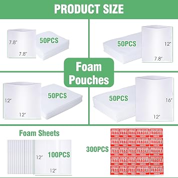 600Pcs Dish Packing Supplies for Moving, 300 Cushion Foam Wrap Pouches & Sheets 4 Sizes (16x12, 12x12, 12x7.8, 7.8x7.8) with 300 Fragile Stickers Plate Packing Sleeves for Fragile Shipping Storage