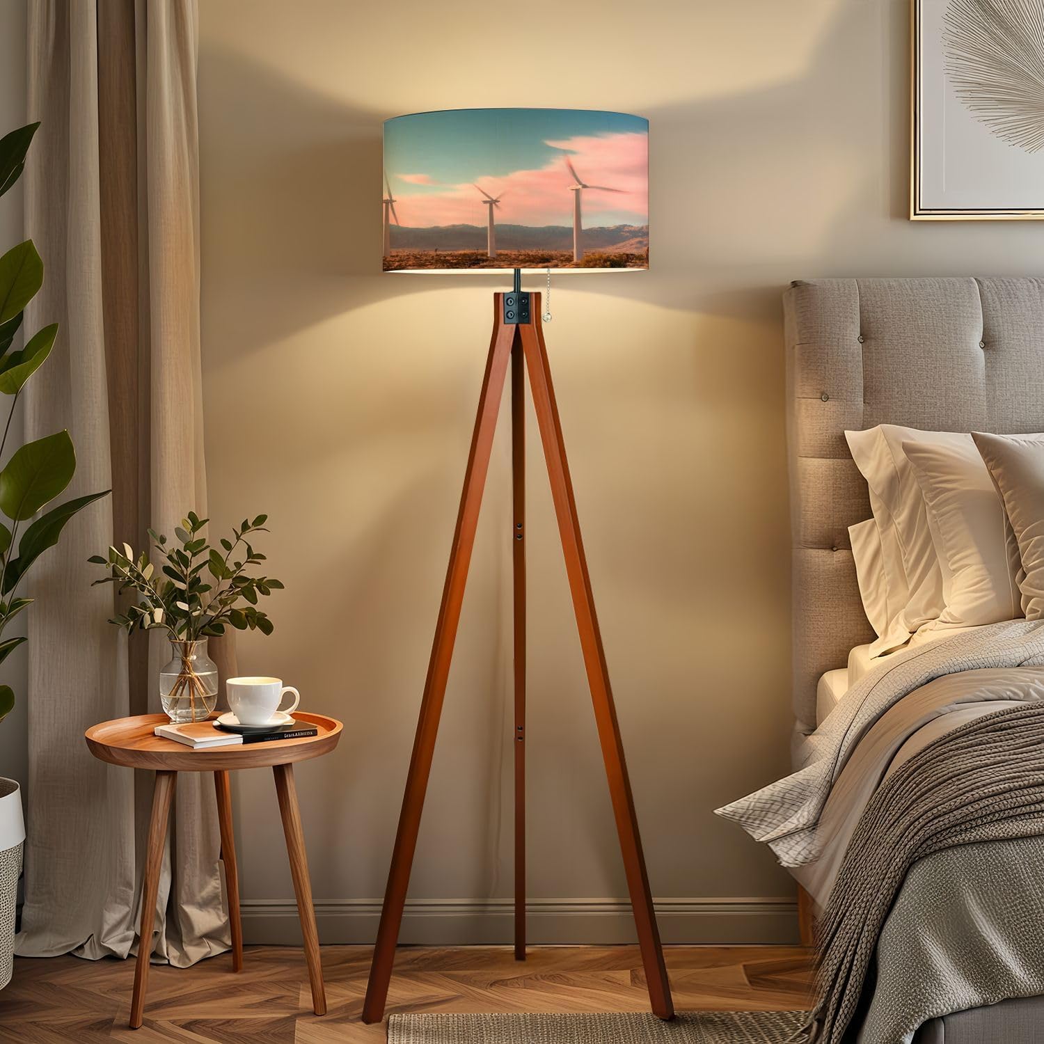 Wood Tripod Floor Lamp Palm California Wind Farm Mid Century Standing Lamp Linen Shade Dimmable Modern Tall lamp Home Decor for Living Room Bedroom Office