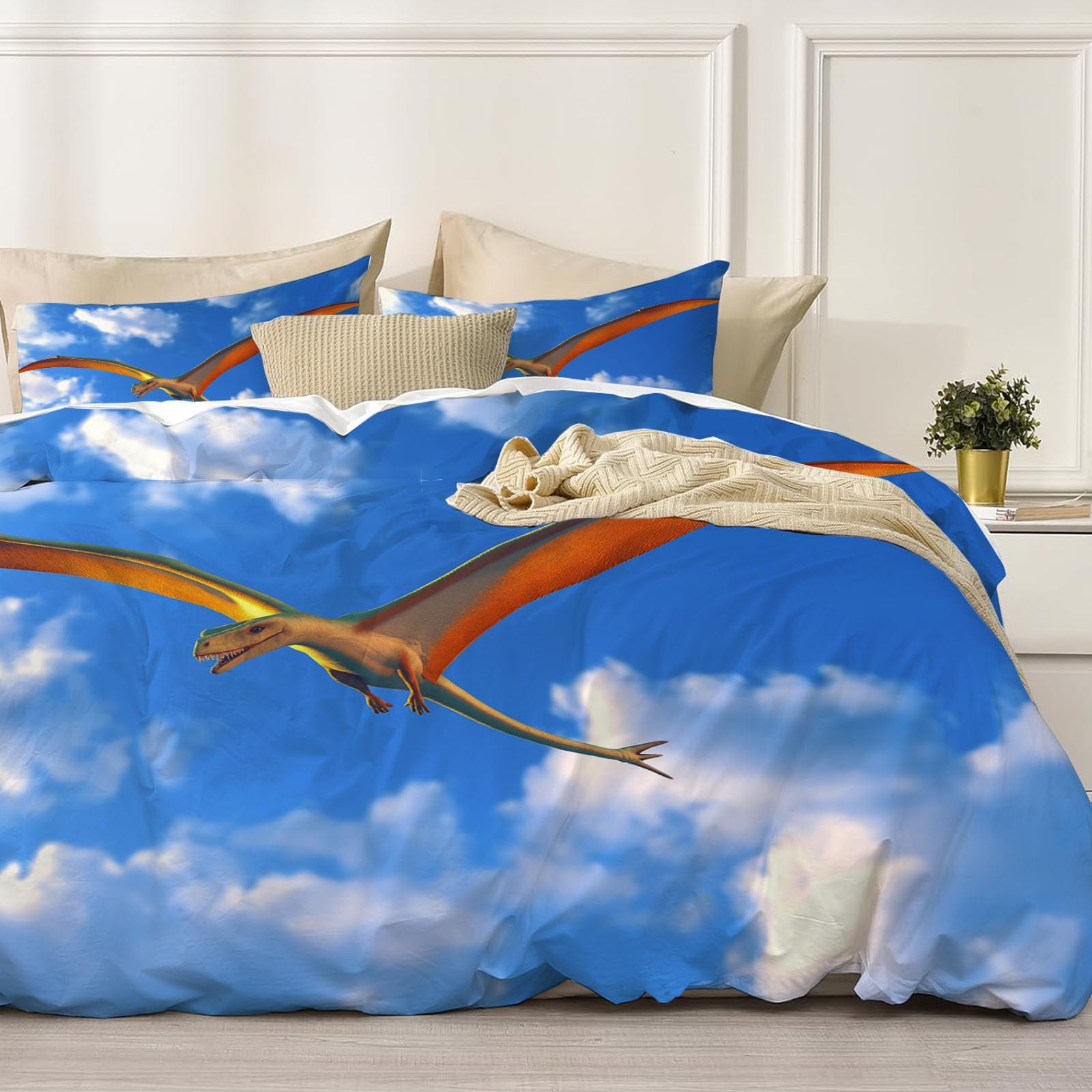 Housse de couette 220x240cm indigo avec 2 taies d'oreiller motif ptérosaure 3D