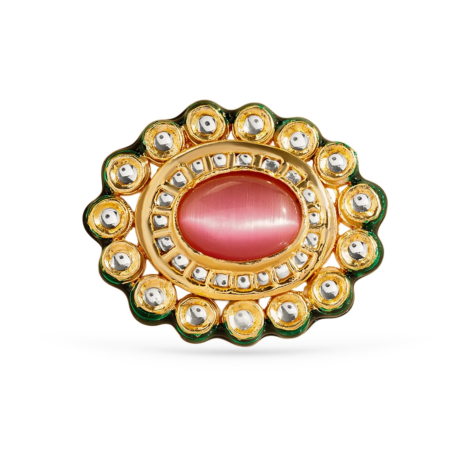 rubans Gold Plated Kundan Adjustable Ring with Pink Stone & Green Enamel Statement Design Ethnic Wedding Jewellery Festive Gift for Women & Girls-picture-2