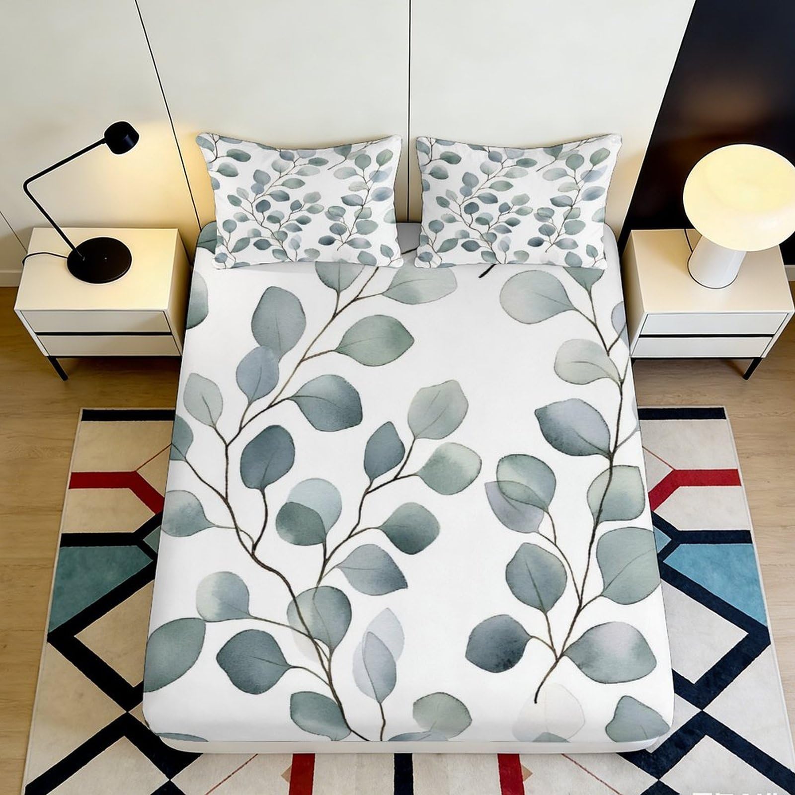 3D Printed Eucalyptus Leaves Fitted Sheet Microfiber Soft Botanical Branches Bed Cover for Bedroom Guest Room Decor 90x200x25cm