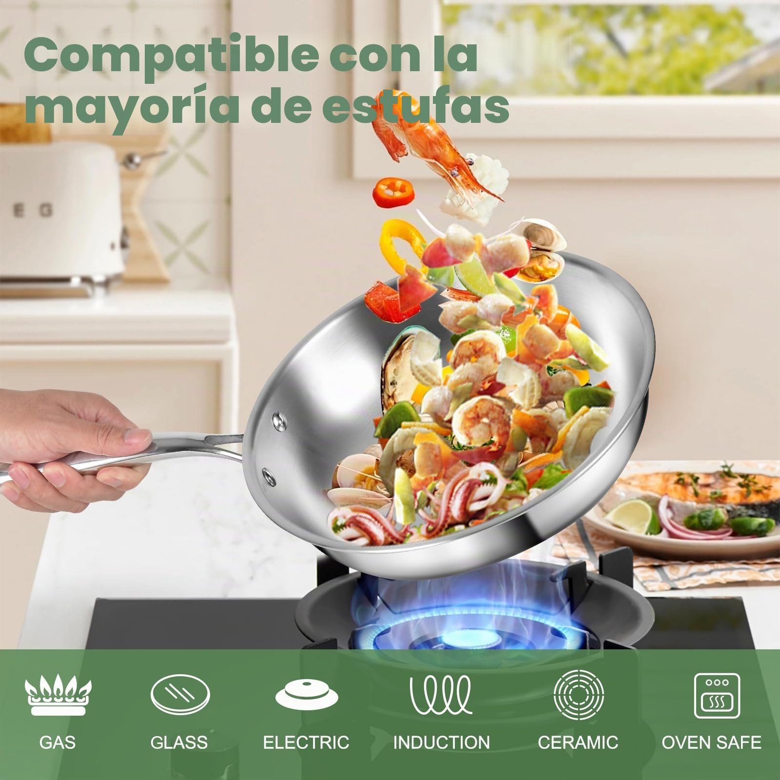 EWFEN Juego de utensilios de cocina de acero inoxidable de 3 capas con tapas, ollas y sartenes, no tóxico, inducción, horno, lavavajillas, calidad profesional