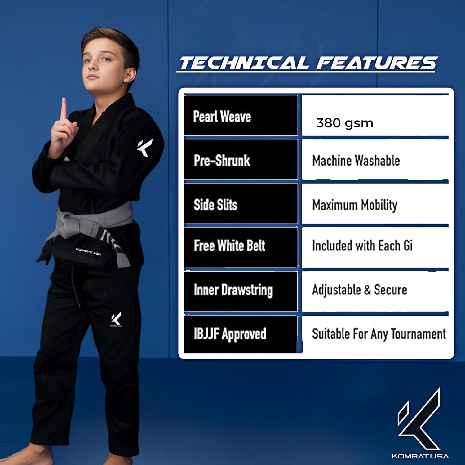 KOMBAT USA Light Edition IBJJF Approved BJJ Gi for Kids, Ultra-Light Brazilian Jiu Jitsu kids gi Premium 100% Cotton Uniform