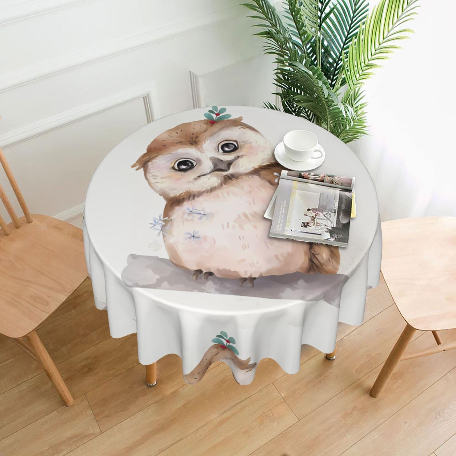 YYHWHJDE Cute Owl with Flowers Prints Round Decorative Tablecloth 60in - High-Grade Polyester Throw for Elegant Dining & Festive Gatherings