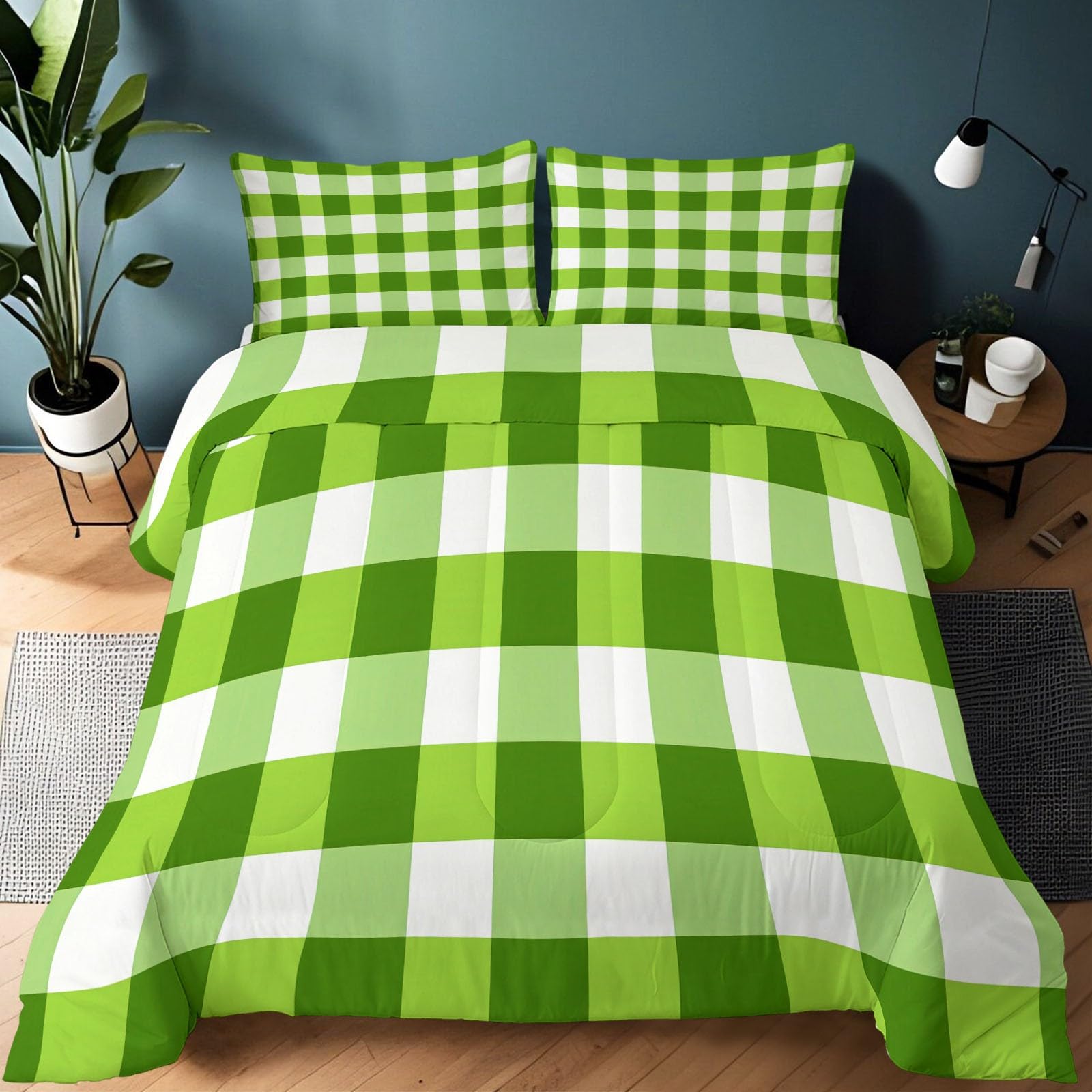 Geometryczna kołdra z zieloną siatką, zestaw 200 x 200 cm, super miękka biało-zielona kołdra puchowa 3-częściowa kołdra puchowa na wszystkie pory roku, dla dzieci, chłopców, dziewcząt
