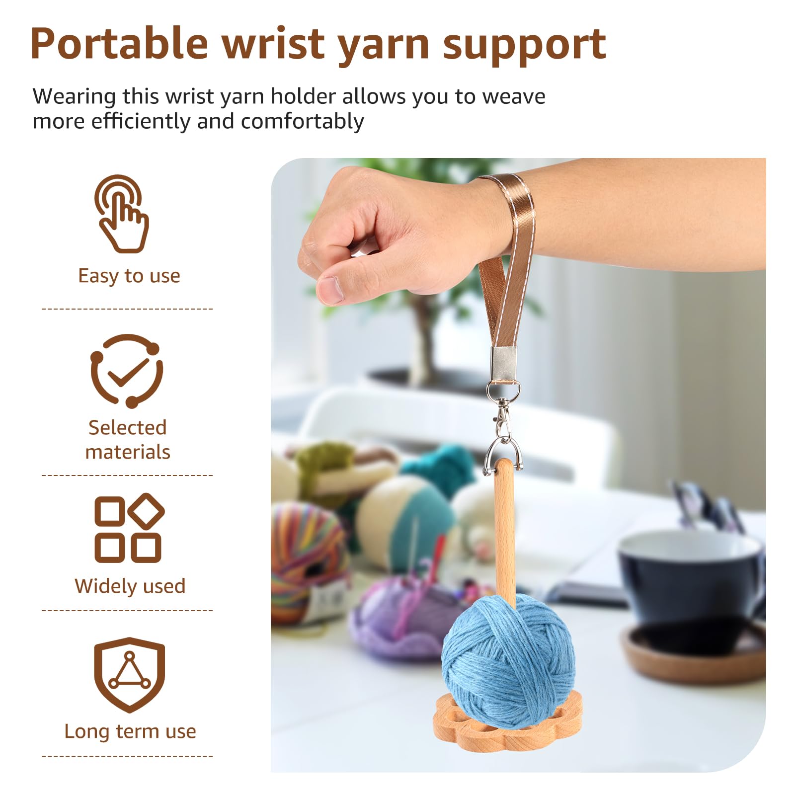 ZJRDYYK Wooden Portable Wrist Yarn Holder for Crocheting, Portable Wrist Yarn Ball Holder with Wrist Strap, Crochet Yarn Holder Spinner Portable, Knitting Yarn Ball Wrist Holder (Style 2)