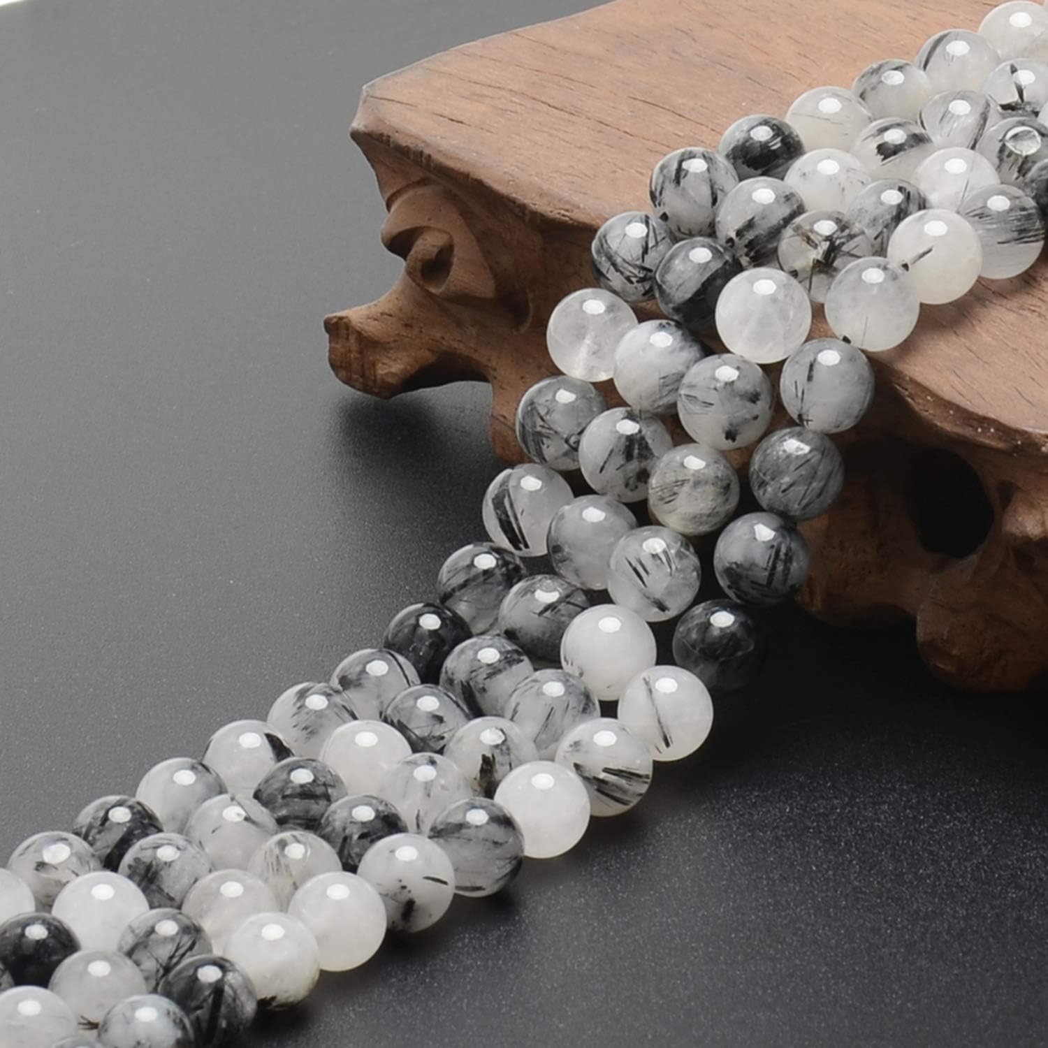 LPBeads 100pcs Polished 8mm Round Natural Black Rutilated Quartz Gemstone Loose Beads with Stretch Cord for Jewelry Making Bracelets - Image 4