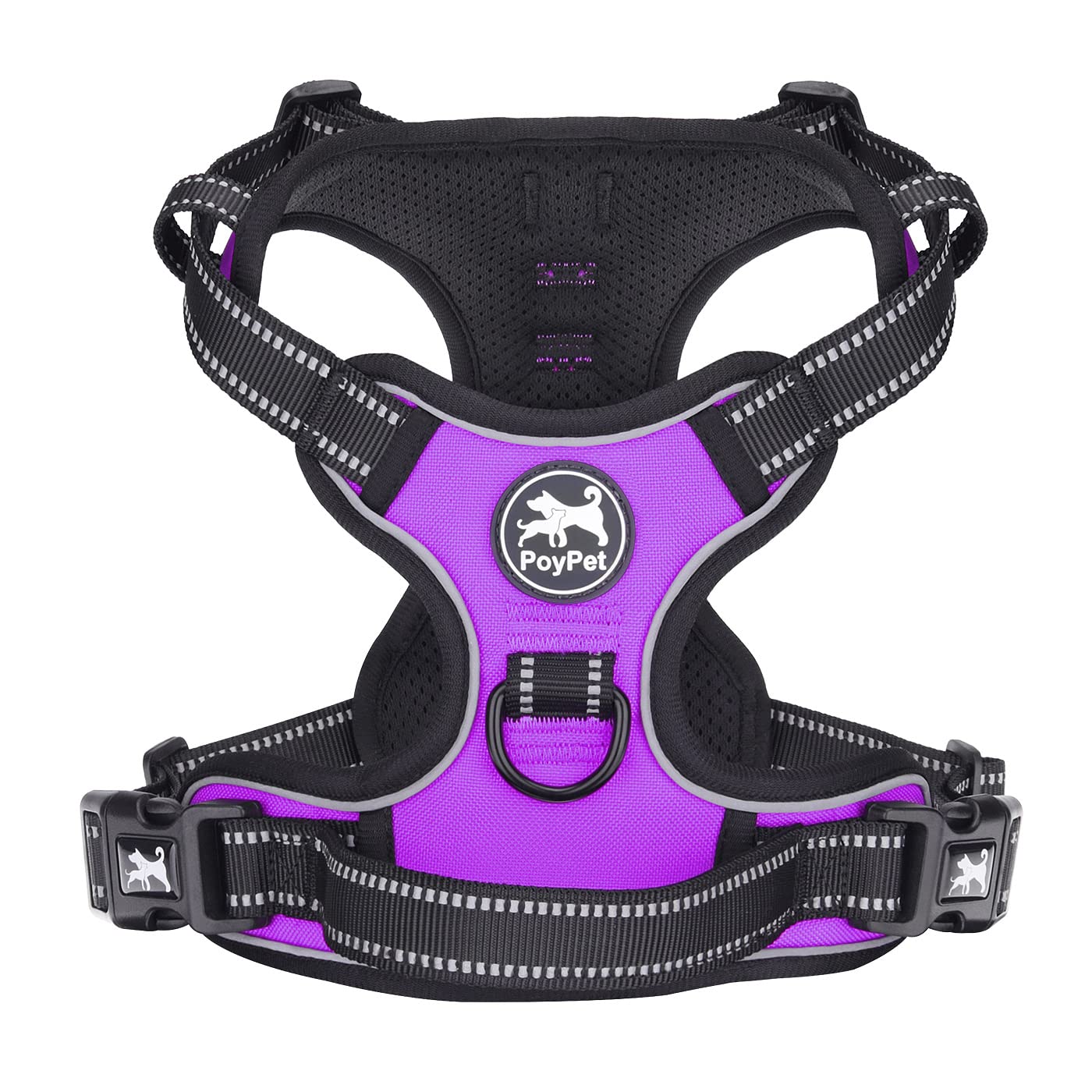 PoyPet No Pull Hundegeschirr, reflektierendes Westengeschirr mit 2 Leinenbefestigungen und einfachem Steuergriff für kleine mittelgroße Hunde (Violett, XL (1er Pack))