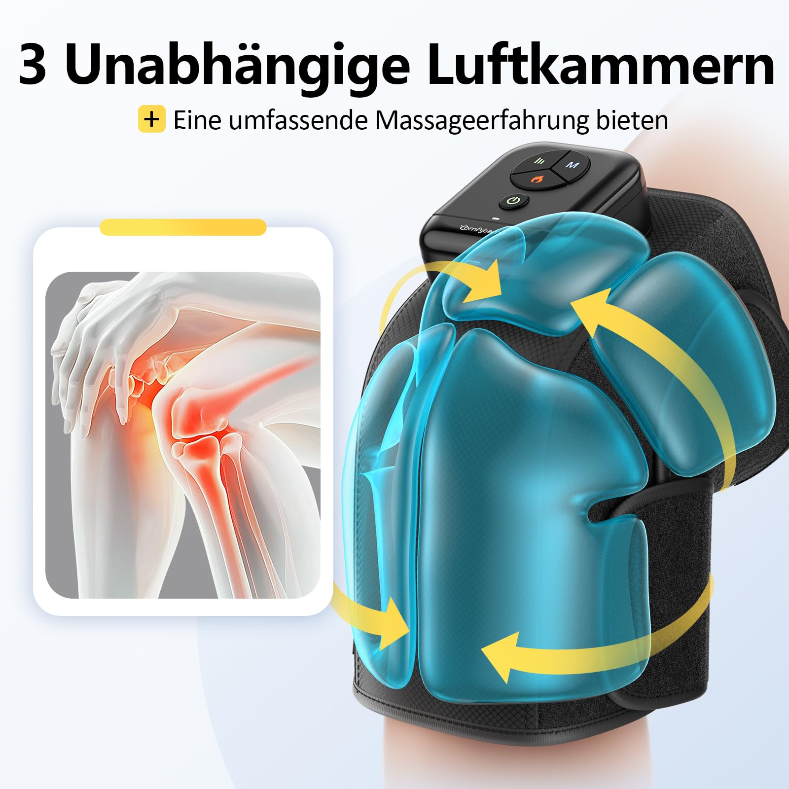 Comfytemp Kabelloses Kniemassagegerät Luftkompression 3D-Massage mit 2500 mAh Akku, Heizungfunktion für Knie mit DIY Kontrolle per App und Knopfdruck Vatertag