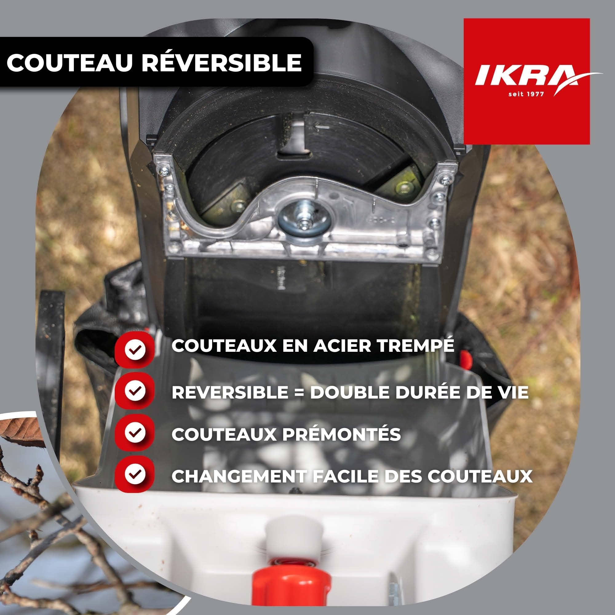 IKRA broyeur électrique IMH 2800, avec sac 45 l et lame de rechange | Moteur haute performance, 2800W, lames réversibles durables, idéal pour la production de paillis, diamètre des branches 45 mm
