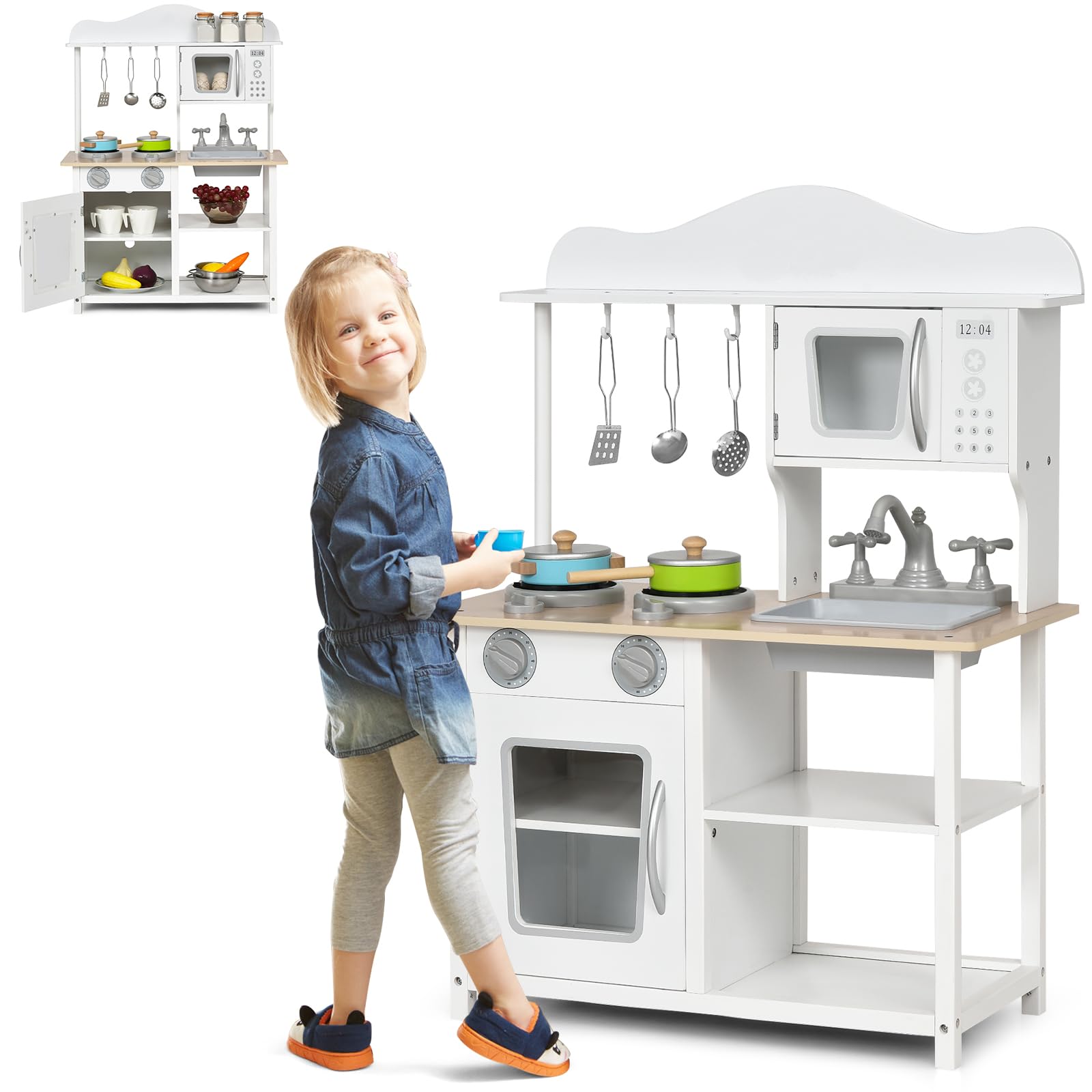 HOMASIS Kinderküche Holz, Kinder Spielküche mit Zubehör, Spielzeugküche mit Spüle Herd Backofen Mikrowelle, Holzküche Küchenspielset Miniküche für Kinder ab 3 Jahre, Weiß, 60x30x83 cm