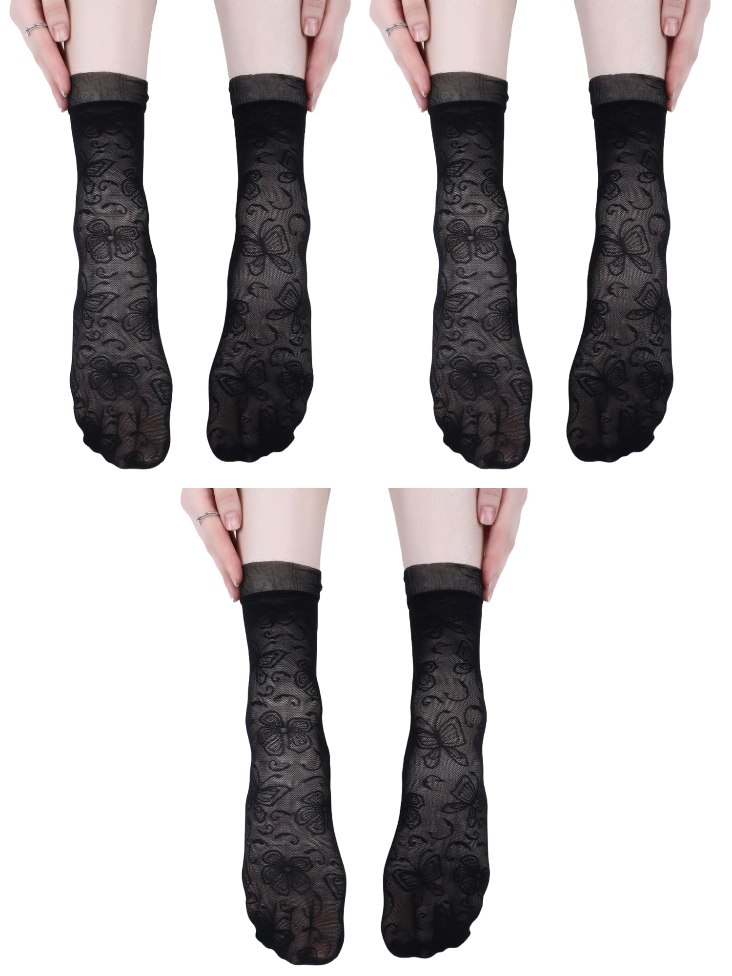 NEXT2SKIN Women Nylon Sheer Mix Pattern Ultra-Thin Ankle Length Without Thumb Transparent Socks - Pack Of 3 (Black/Skin)-image-48