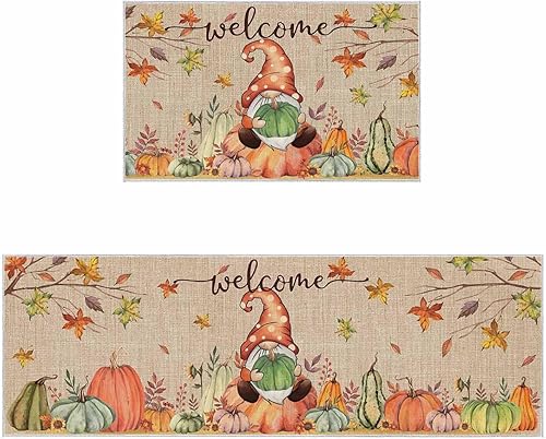 Miniatura 23 de Alfombras y tapetes de cocina Hello Fall, 2 unidades, color azul, naranja, calabaza, hoja de arce, pájaros, alfombras antideslizantes con pasillo