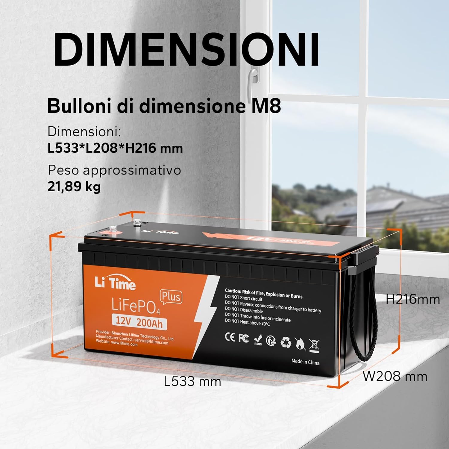 LiTime Batteria al Litio LiFePO4 12V 200Ah Plus per Camper, 4000-15000 Cicli Profondi, BMS 200A, Energia 2560Wh, Perfetta per RV, Furgone Camperizzato, Sistema Solare, Barche, Caravan, Off-grid