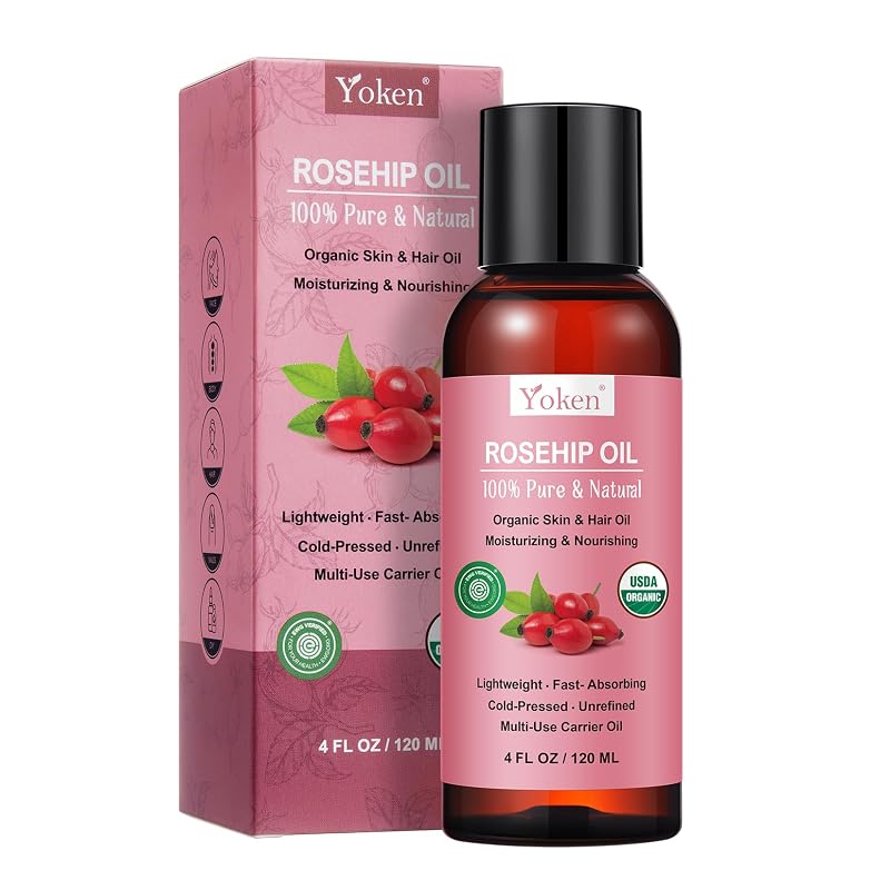 Óleo facial de semente de rosa mosqueta orgânico Yoken, prensado a frio e não refinado, 120 mL
