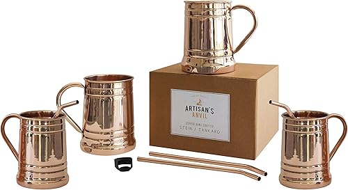 Moscow Mule - Juego de 4 tazas de cerveza + pajitas de cobre + abridor de botellas, juego de regalo de cuatro tazas de cobre macizo de 18 onzas,