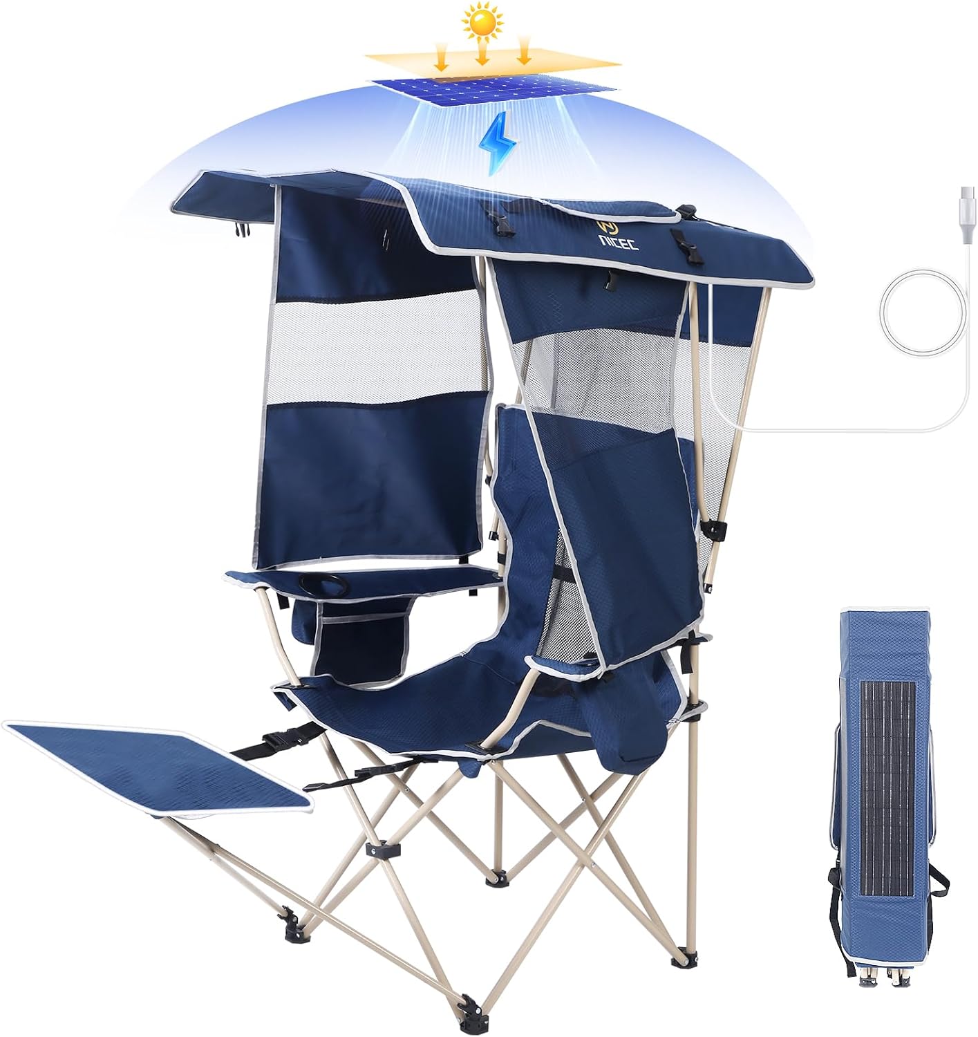 Canopy Umbrella Chair with Solar Panel, USB Charging & Cooler Bag – Navy