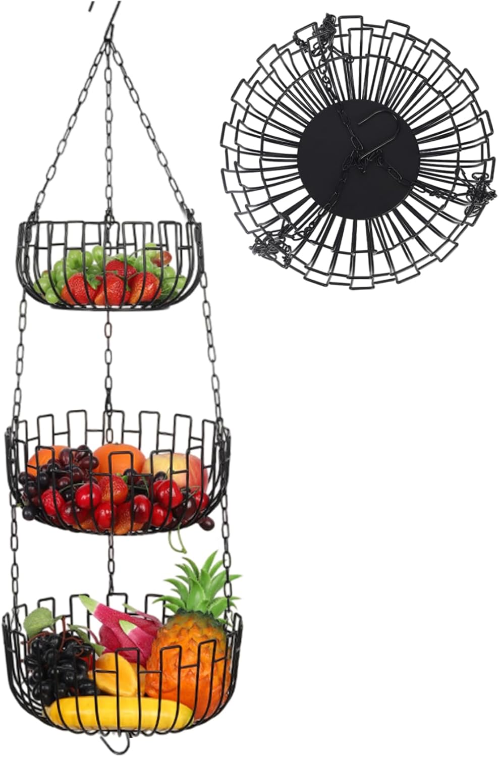 Hanging Fruit Basket, 3-Tier Metal Fruit Basket Hanging Space Saving Rustic Country Style Food Storage Organizers for Produce, Snacks, Planter.