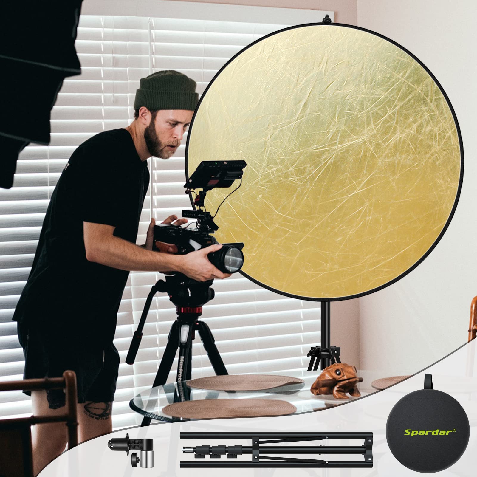Spardar 110CM 5 in 1 Reflektor Mit Stativ, Runder Faltreflektor (Diffusor und Gold/Silber/Weiß/Schwarz Reflektor Fotografie) Mit Reflektorhalter und 200cm ausziehbarem Halterung für Studio Fotografie