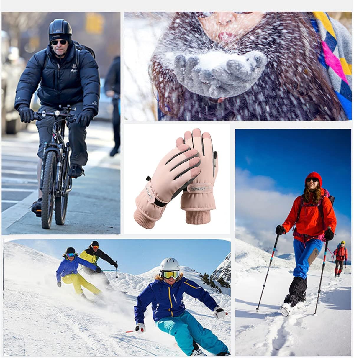 SPOTFISH Winter Gloves Women Snow Gloves Women Ski Waterproof Touchscreen Snowboarding (pink, One Size)