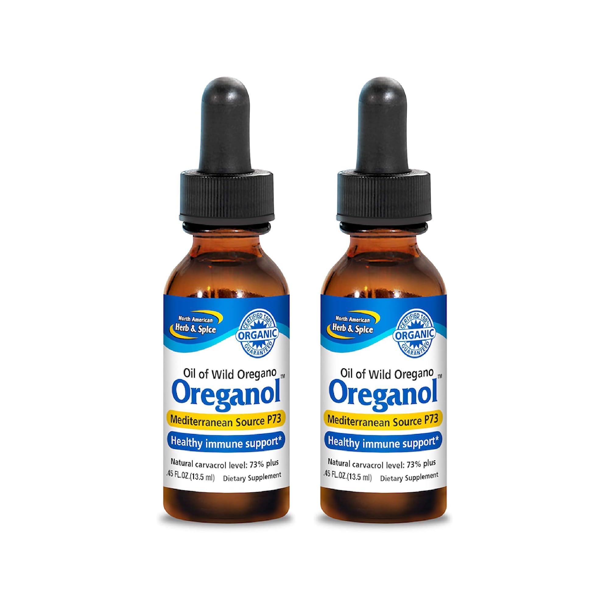 NORTH AMERICAN HERB & SPICE Oreganol - 0.45 fl oz, Pack of 2 - Unprocessed, Wild, Organic Oregano Oil - Mediterranean Source P73 - Non-GMO - 388 Total Servings