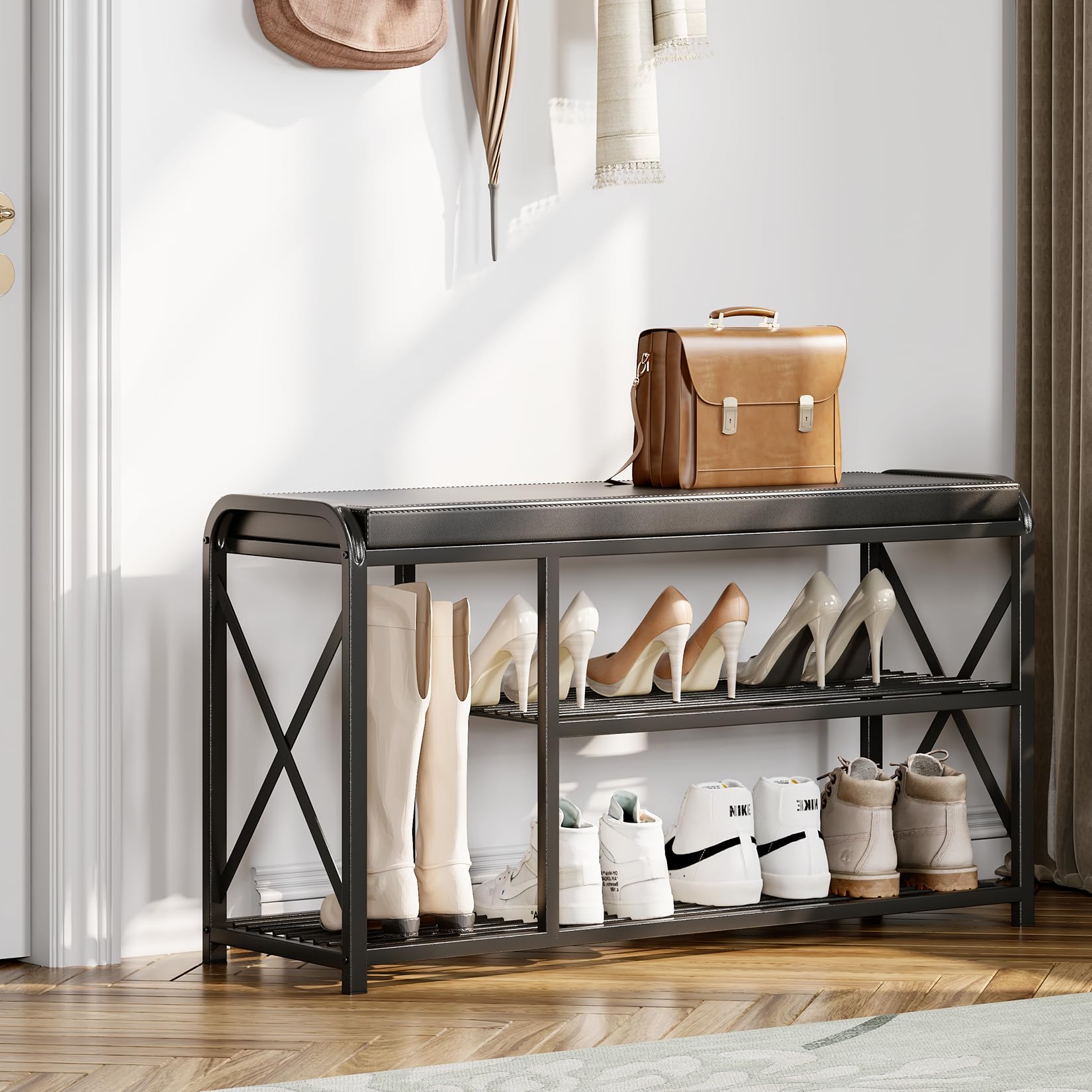 Homeiju Entryway Bench,3 Tier Shoe Bench with Padded Seat & Metal Frame,35.4”Shoe Storage Bench Shoe Organizer for Entryway Foyer Hallway Bedroom