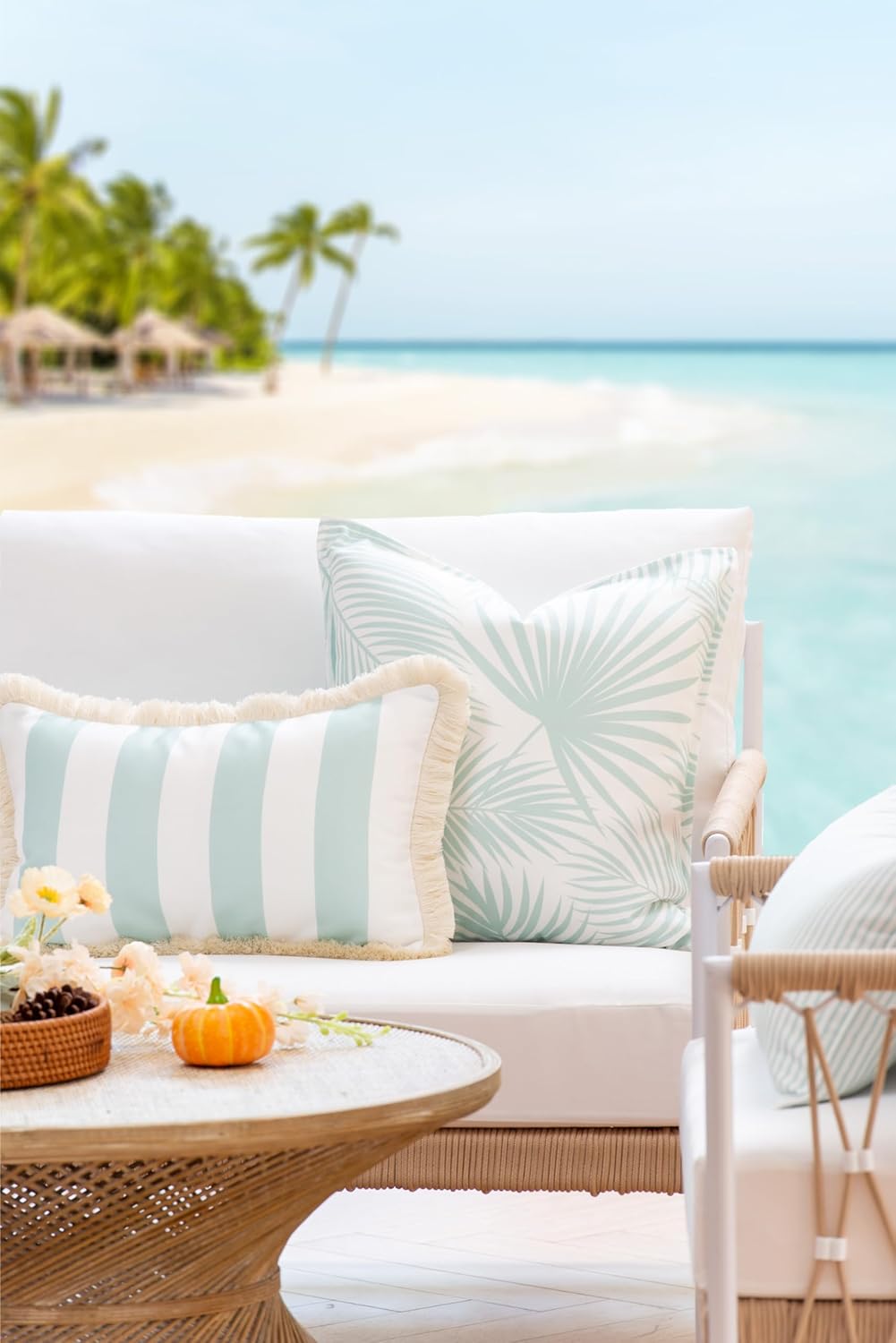 Hofdeco Premium Fall Coastal Patio Indoor Outdoor Lumbar Pillow Cover Only, 12"x20" Water Repellent for Backyard, Couch, Muted Aqua Stripe Fringe
