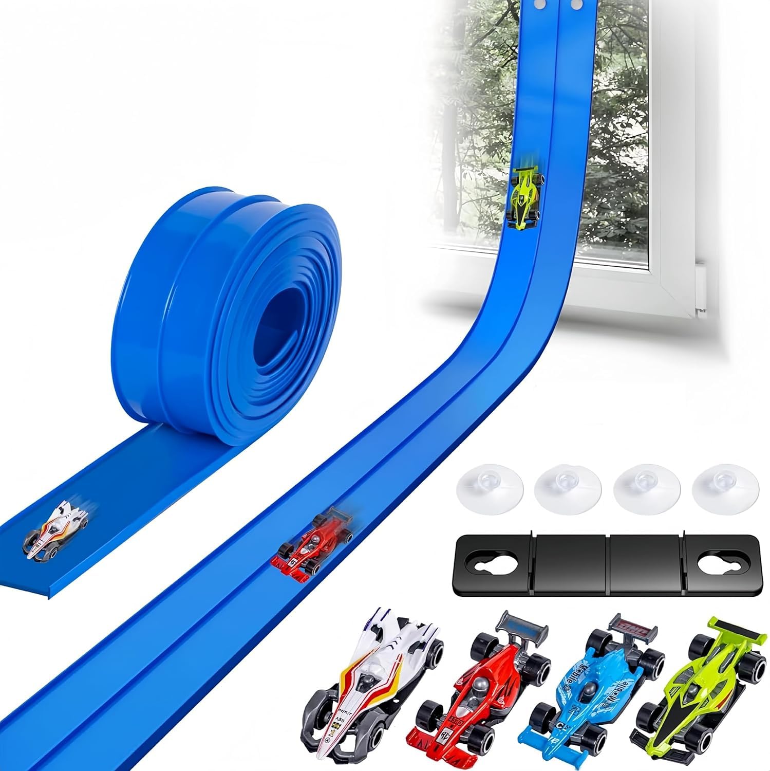 Muslecid Autorennbahn 5M Inklusive 4 Autos Rennbahn Kinder 3 4 5 6 Jahre, Flexible Rennstrecke Auto Rennbahn Spielzeug Autobahn Kinder Rollt Auf Tragbare Dual Rennstrecke Rampen für Jungen und Mädchen