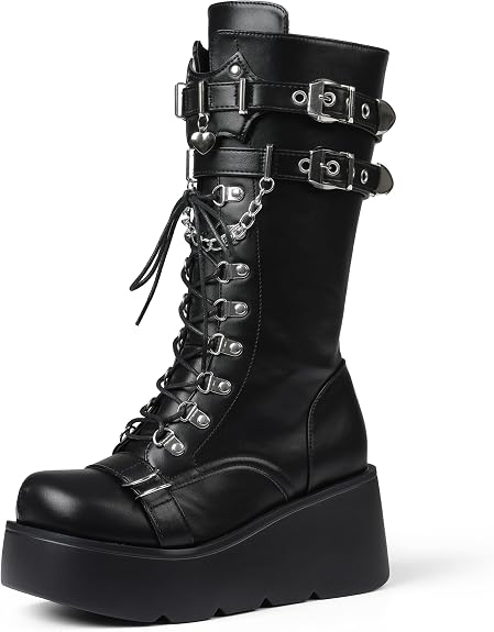 Women's Black Platform Boots Wedge Combat Gothic Chunky Heel Lace Up Mid Calf Punk Motorcycle Shoes