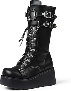 Women's Black Platform Boots Wedge Combat Gothic Chunky Heel Lace Up Mid Calf Punk Motorcycle Shoes