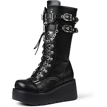 Women's Black Platform Boots Wedge Combat Gothic Chunky Heel Lace Up Mid Calf Punk Motorcycle Shoes