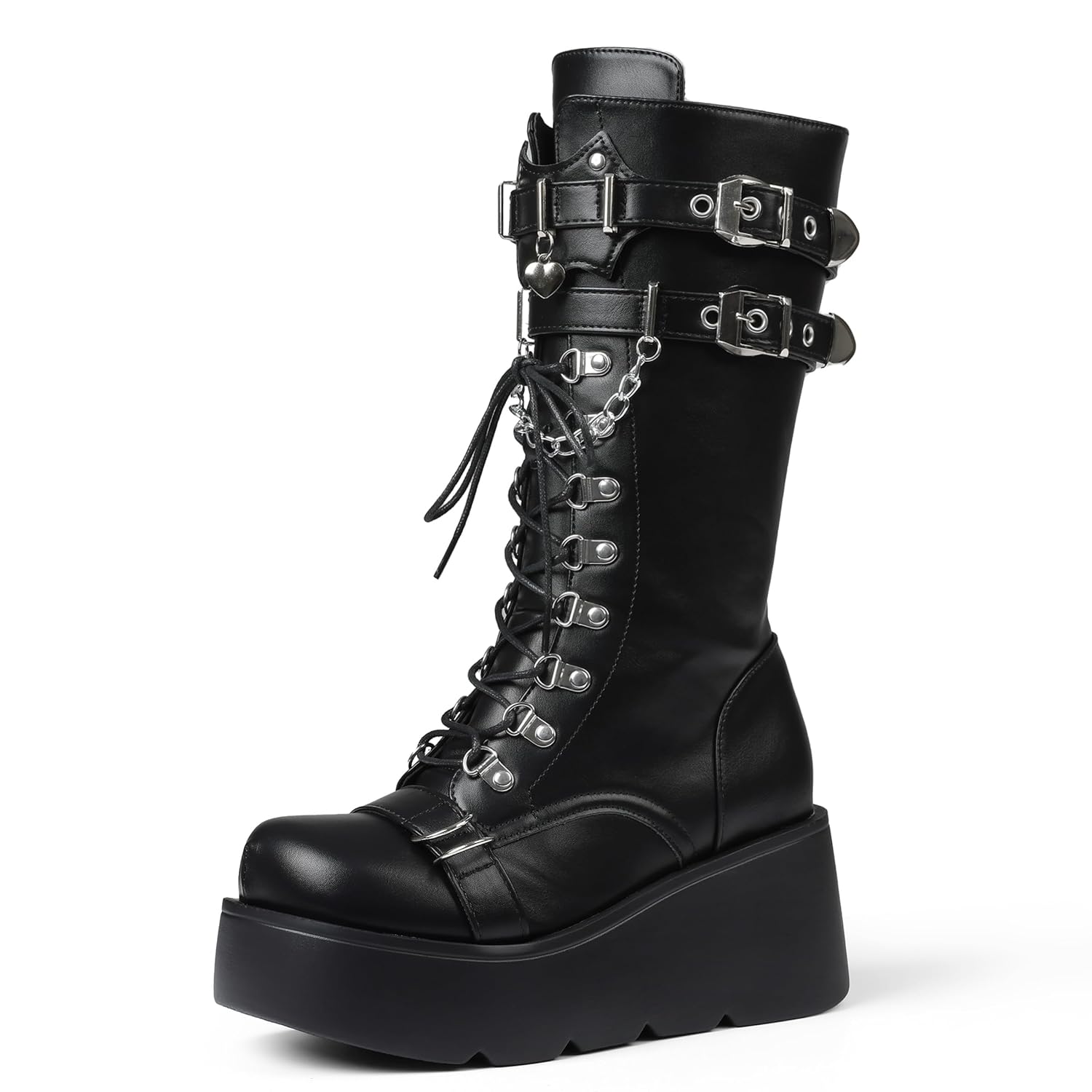 Womens Black Platform Boots Wedge Combat Gothic Chunky Heel Lace Up Mid Calf Punk Motorcycle Shoes
