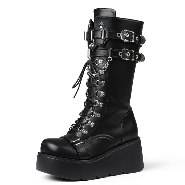 Womens Black Platform Boots Wedge Combat Gothic Chunky Heel Lace Up Mid Calf Punk Motorcycle Shoes