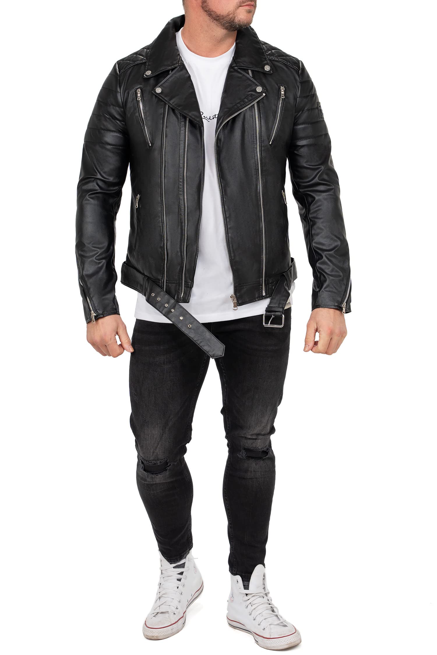 Reichstadt Chaqueta Hombre Cuero Sintético Biker Bomber Cuello Alto | Detalles con cremalleras, bolsillos laterales, forro interior, estilo urbano, entretiempo, paseo, ocio y uso diario